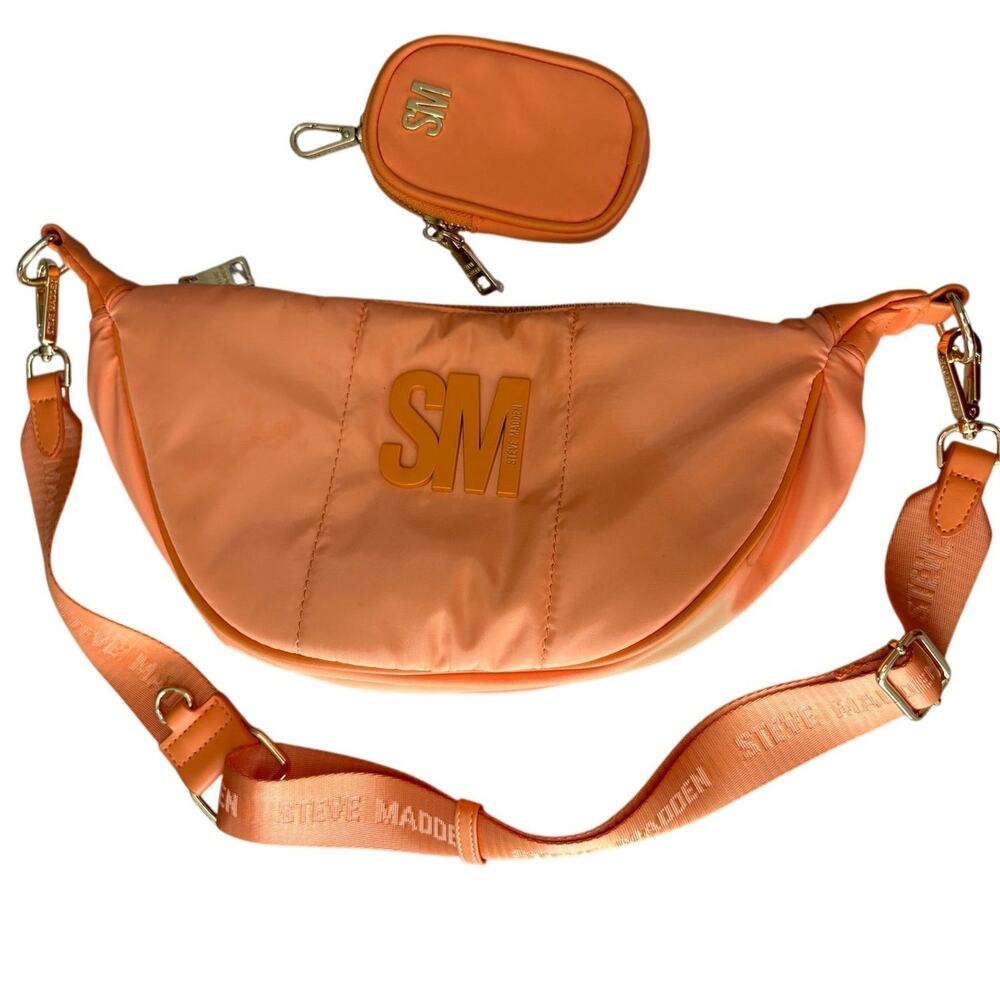 Steve Madden SM Logo Bright Orange Vegan Hobo Crossbody Purse & Coin Purse